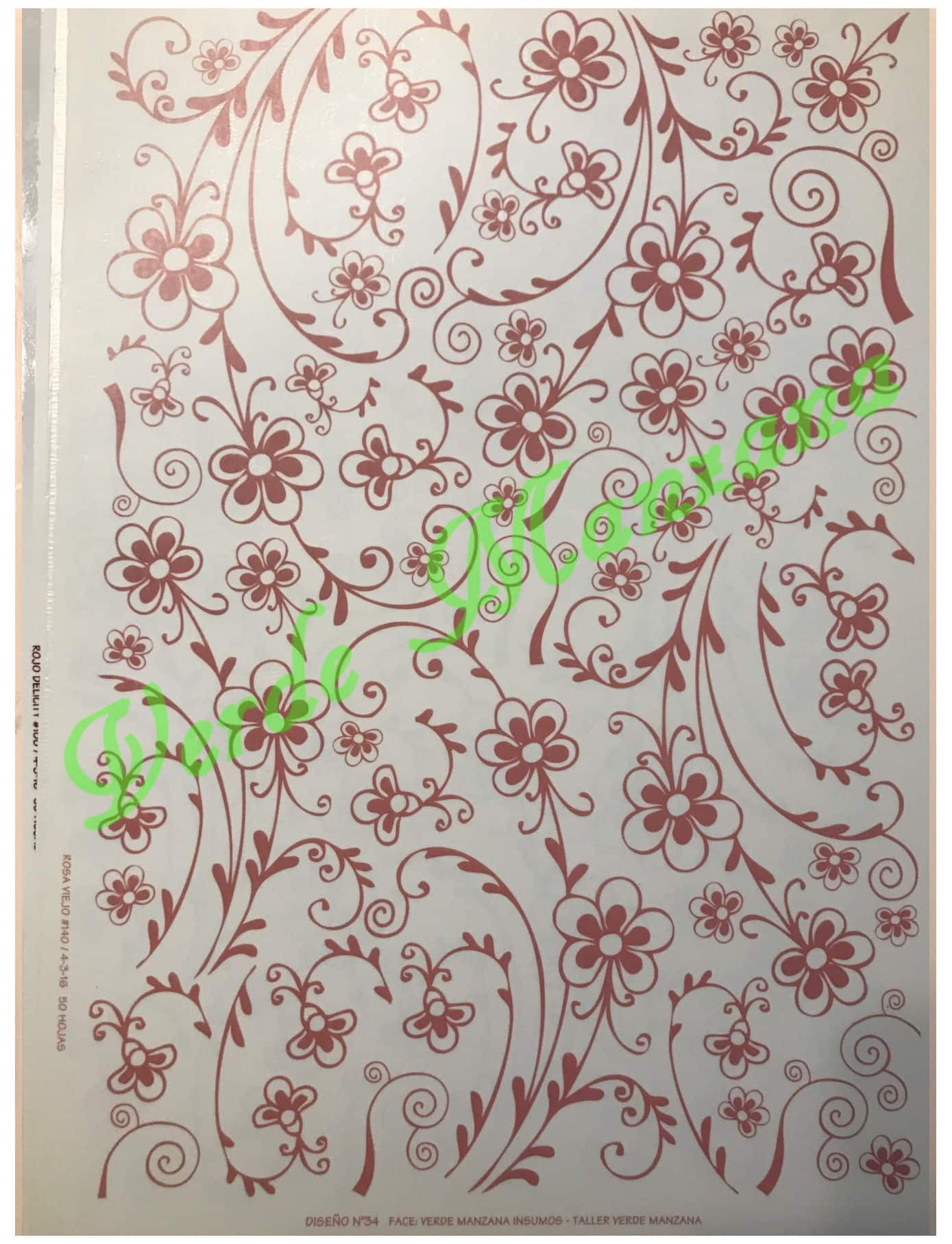 Calca Color Rosa, Vitrificable para Porcelana 23x33 cm, Diseño Número 34.
