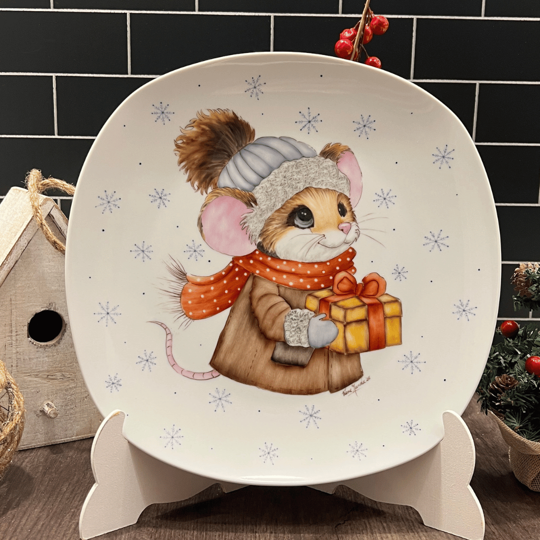 Plato de porcelana Ratoncito navideño 25x25cm "EDICIÓN LIMITADA"
