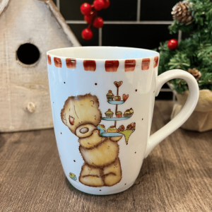 Taza de porcelana con osito y torre de dulces 10cm alto "ÚLTIMA"