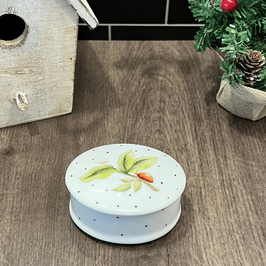 Cajita oval de porcelana con hoja y mariquita 8x3cm alto EDICIÓN LIMITADA